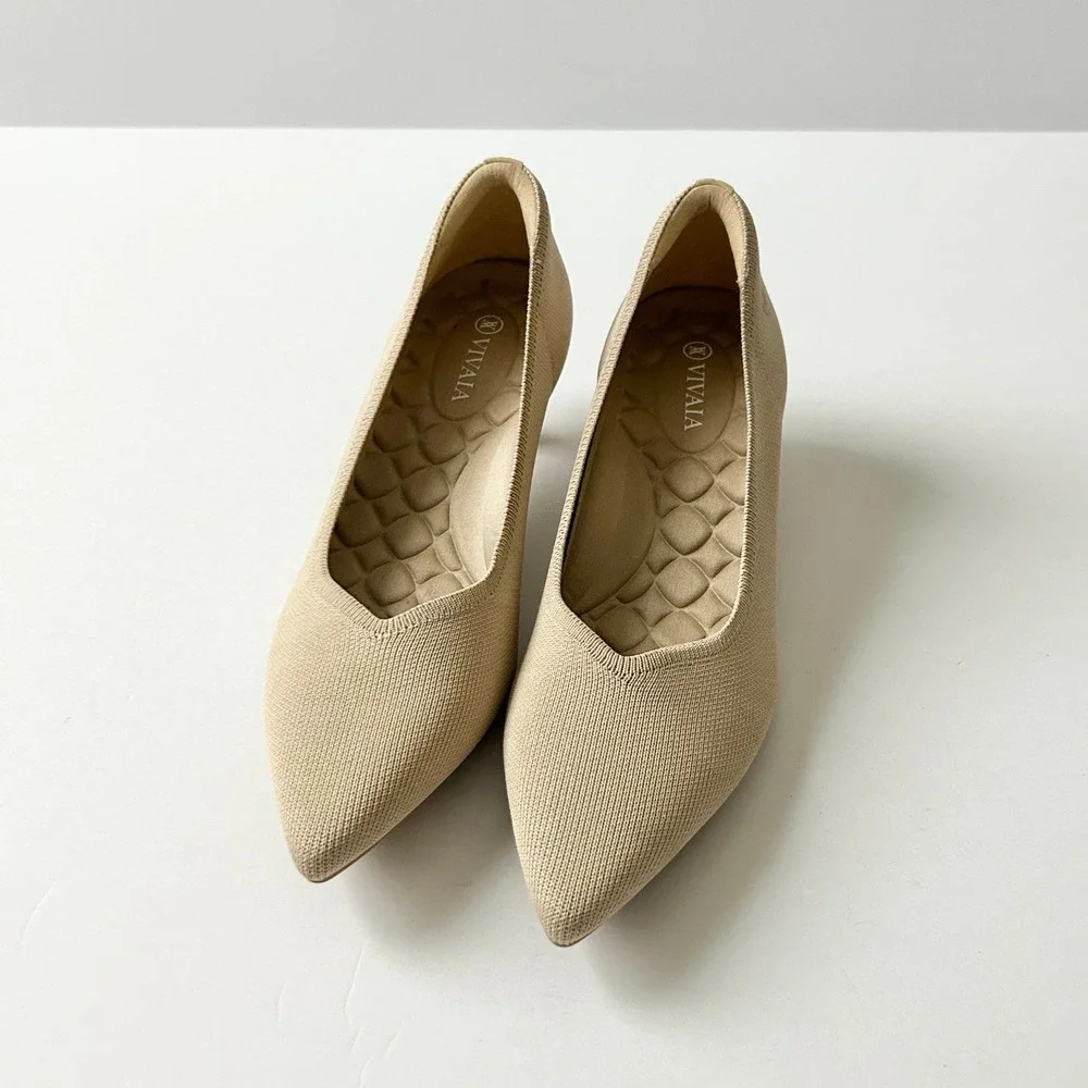 NEW Vivaia Scarlett Pointed Toe V-Cut Kitten Heel Pumps Almond EU 38.5 US 7.5